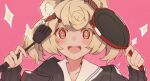  +_+ 1girl :d animal_ears arknights bear_ears black_jacket blonde_hair blush candy_hair_ornament commentary food_themed_hair_ornament frying_pan gummy_(arknights) hair_ornament hands_up highres holding holding_frying_pan holding_spatula jacket looking_at_viewer open_mouth pink_background portrait red_eyes sailor_collar short_hair smile solo sparkle spatula sudoka symbol_commentary teeth white_sailor_collar 