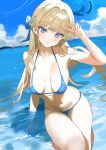  1girl absurdres bare_arms bare_legs bare_shoulders bikini blonde_hair blue_archive blue_bikini blue_eyes blue_halo blush breasts commentary day halo highres long_hair looking_at_viewer medium_breasts navel open_mouth outdoors r_aeel solo swimsuit toki_(blue_archive) v water 