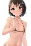  1girl absurdres bare_arms bare_shoulders bikini black_hair blush breasts brown_bikini brown_eyes bunny_hair_ornament closed_mouth collarbone commentary_request flower hair_flower hair_ornament hairclip hand_up highres idolmaster idolmaster_cinderella_girls looking_at_viewer navel pink_flower sasaki_chie short_hair simple_background small_breasts solo sweat swimsuit tsunenorip upper_body wavy_mouth wet white_background 