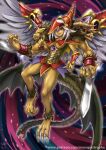  breasts chimera chimera_the_illusion_beast dark-skinned_female dark_magician_girl dark_skin demon_wings duel_monster english_commentary extra_arms feathered_wings fewer_digits fur_trim fusion grey_hair hat horns lion_mane long_hair looking_at_viewer maxa&#039; monster_girl multiple_heads multiple_wings parted_lips purple_eyes red_eyes smile snake_head_tail tail underboob vambraces wings yu-gi-oh! 