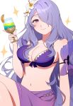  1girl bikini blush breasts camilla_(fire_emblem) camilla_(summer)_(fire_emblem) cleavage cup drink fire_emblem fire_emblem_fates fire_emblem_heroes flower gmais2514 hair_flower hair_ornament hair_over_one_eye highres holding holding_drink large_breasts long_hair looking_at_viewer navel official_alternate_costume purple_bikini purple_eyes purple_hair sarong simple_background smile solo swimsuit tropical_drink very_long_hair wavy_hair white_background 