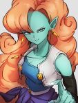  1girl aqua_skin blue_eyes breasts cleavage collarbone colored_skin dragon_ball dragon_ball_z grey_background jewelry kemachiku long_hair looking_at_viewer medium_breasts orange_hair pendant pointy_ears simple_background smile solo zangya 