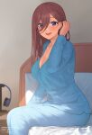  1girl :d bed_frame blue_eyes blush breasts brown_hair cleavage feet_out_of_frame go-toubun_no_hanayome hair_between_eyes hair_tucking hand_up headphones highres indoors large_breasts long_hair long_sleeves looking_at_viewer nakano_miku nhaliz on_bed open_mouth pajamas pillow signature sitting sitting_on_bed smile solo upper_teeth watermark web_address 