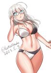  1girl absurdres ahoge artistic_error bikini blue_eyes breasts cleavage dated grey_hair heywood_l._edwards_(kancolle) highres kantai_collection katou_shinobu large_breasts lips long_hair one-hour_drawing_challenge solo swimsuit twitter_username two-tone_bikini 