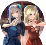  2girls anniversary bare_arms bare_shoulders blonde_hair blue_dress blue_eyes braid breasts choker closed_mouth crown_braid dress final_fantasy final_fantasy_brave_exvius flower glaciela_wezette grey_hair hair_flower hair_ornament hand_up highres hirono_(hxze4434) long_hair looking_at_viewer macherie_hourne medium_breasts multiple_girls open_hand parted_bangs red_choker red_dress red_eyes sidelocks smile upper_body war_of_the_visions:_final_fantasy_brave_exvius 