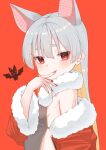  1girl absurdres animal_ears bat_(animal) bat_ears blush breasts fingernails fur_collar grey_hair highres jacket long_fingernails long_hair looking_at_viewer open_clothes open_jacket original red_background red_eyes red_jacket red_nails ribs sideless_outfit simple_background small_breasts smile soba_(sobaya1938) solo thick_eyebrows upper_body 
