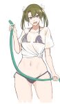  1girl absurdres bikini black_bikini breasts cowboy_shot cropped_legs dark_green_hair green_eyes highres hose kantai_collection long_hair looking_at_viewer see-through shirt side-tie_bikini simple_background small_breasts solo standing swimsuit takaman_(gaffe) twintails wet wet_clothes wet_shirt wet_t-shirt white_background zuikaku_(kancolle) 