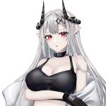  1girl arknights bangs bare_shoulders black_choker black_gloves breasts choker cleavage commentary crop_top det_baimao gloves highres horns infection_monitor_(arknights) large_breasts long_hair looking_at_viewer midriff mudrock_(arknights) off_shoulder parted_lips pointy_ears red_eyes sarashi silver_hair simple_background solo sports_bra upper_body very_long_hair white_background 