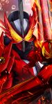  1boy armor brave_dragon fire flaming_sword flaming_weapon gloves glowing glowing_eyes helmet highres holding holding_sword holding_weapon horns kaenken_rekka kamen_rider kamen_rider_saber kamen_rider_saber_(series) knight male_focus masukudo_(hamamoto_hikaru) red_armor rider_belt solo spiked_helmet sword tokusatsu visor_(armor) weapon wonder_ride_book 