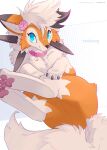 ambiguous_gender ancesra anthro canid canine claws fur generation_7_pokemon hair hi_res lycanroc mammal nintendo pokemon pokemon_(species) simple_background smile solo tail white_body white_fur 