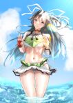  1girl absurdres ass_visible_through_thighs asymmetrical_hair black_hair blue_eyes blue_sky crop_top day fingerless_gloves flat_chest gloves hair_ribbon highres hip_vent kantai_collection katsuragi_(kancolle) katsuragi_kai_(kancolle) long_hair looking_at_viewer midriff miniskirt muneate navel ocean outdoors panties pleated_skirt ponytail red_gloves ribbon shushan single_glove skirt sky solo standing underwear very_long_hair wading white_panties white_ribbon white_skirt wide_ponytail wind wind_lift 
