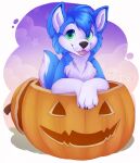 2016 anthro applepup biped blep blue_body blue_ears blue_fur blue_hair blue_tail canid canine canis claws fur green_eyes hair halloween hi_res holidays male mammal multicolored_body multicolored_fur paws solo tail tongue tongue_out two_tone_body two_tone_fur two_tone_tail white_body white_fur white_inner_ear white_tail wolf