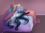  2021 anthro balls bed bedroom_eyes blush bodily_fluids claws collar collar_only collar_tag detailed_background digital_drawing_(artwork) digital_media_(artwork) dripping erection finger_claws fur furniture genital_fluids genitals gojiteeth green_body green_eyes green_fur green_hair hair handpaw hi_res hindpaw inside looking_at_viewer lying male mammal mastectomy_scar moray_(gojiteeth) mustelid narrowed_eyes nude on_back on_bed open_mouth otter pawpads paws penis pillow pink_blanket pink_blush pink_collar pink_nose pink_pawpads pink_penis pink_scar pink_tongue plushie precum precum_drip scar seductive shaded signature solo tail tapering_penis teal_body teal_fur teeth tongue tongue_out upside_down whisker_spots yellow_sclera 