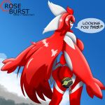 1:1 absurd_res anthro big_breasts big_butt big_wings breasts butt curvy_figure dialogue female fluffy generation_3_pokemon glistening glistening_eyes hair hi_res humanoid latias legendary_pokemon long_hair looking_back luxury_ball nintendo nude pokeball pokemon pokemon_(species) pokemorph roseburst_(artist) solo tail wide_hips wings