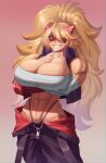  1girl absurdres bandaged_arm bandaged_chest bandages blonde_hair blue_eyes breasts character_request commentary commission copyright_request english_commentary fake_horns highres horns large_breasts long_hair looking_at_viewer mr_cheesedong muscular muscular_female smile solo teeth 