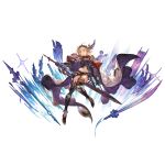  1girl armor armored_boots belt black_armor blonde_hair boots breasts cape conqueror_of_the_eternals djeeta_(granblue_fantasy) full_body granblue_fantasy hairband holding holding_sword holding_weapon navel official_alternate_costume official_art shorts solo sword third-party_source transparent_background weapon 