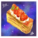  absurdres border food food_focus fruit highres no_humans original pastry starry_background strawberry takisou_sou whipped_cream white_border 