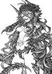  1girl absurdres antenna_hair armor armored_gloves bikini_armor breasts dragon_girl dragon_horns dragon_tail elbow_gloves gloves greyscale hair_between_eyes highres horns leon_v long_hair looking_down monochrome navel open_mouth original pointy_ears revealing_clothes simple_background small_breasts smile solo stomach_tattoo tail tattoo very_long_hair wavy_hair 