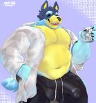  2024 anthro areola areola_slip australian_cattle_dog balls_outline bandit_heeler barazoku belly big_belly big_bulge big_muscles big_penis blue_background bluey_(series) bottomwear bulge canid canine canis cattledog claws clothed clothing coffee_mug container cup daddy_kink detailed_bulge domestic_dog erection erection_under_clothing eyebrows eyes_closed fur genital_outline genitals grandall_(artist) hand_in_pocket herding_dog hi_res holding_container holding_cup holding_mug holding_object huge_bulge huge_muscles huge_penis male mammal mug musclegut muscular muscular_anthro muscular_male navel open_clothing open_mouth open_robe open_smile overweight overweight_anthro overweight_male pastoral_dog pecs penis penis_outline pockets robe shorts signature simple_background smile solo standing text_on_mug tuft 