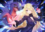  1girl black_collar blonde_hair breasts chromatic_aberration cleavage coat collar commentary_request cynthia_(pokemon) fur-trimmed_coat fur_collar fur_trim garchomp hair_ornament hair_over_one_eye hand_up highres holding holding_poke_ball long_hair mizunozumi outstretched_arm poke_ball poke_ball_(basic) pokemon pokemon_(creature) pokemon_dppt w 