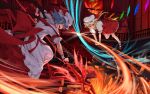 1girl 2girls ascot asutora bat_wings blonde_hair blue_hair bow crystal dress flandre_scarlet hat hat_ribbon laevatein_(touhou) long_hair mob_cap multicolored_wings multiple_girls open_mouth puffy_short_sleeves puffy_sleeves red_eyes red_vest remilia_scarlet ribbon scarlet_devil_mansion shirt short_hair short_sleeves side_ponytail skirt skirt_set spear_the_gungnir touhou vest wings yellow_ascot 