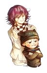  2boys annoyed arm_belt beanie belt belt_buckle black_belt black_eyes black_hat black_jacket black_scarf black_shirt black_sleeves blush_stickers buckle checkered_clothes checkered_scarf cigarette collared_jacket commentary_request cropped_legs crossed_arms danganronpa_(series) danganronpa_v3:_killing_harmony english_commentary frown grin hair_between_eyes half-closed_eyes hands_on_another&#039;s_head hat height_difference highres horned_hat hoshi_ryoma jacket leather leather_jacket loiodg long_sleeves looking_at_another looking_down mouth_hold multiple_boys oma_kokichi orange_hair pants parted_lips purple_hair scarf shirt short_hair signature simple_background smile striped_clothes striped_shirt sweatdrop torn_clothes torn_jacket two-tone_scarf white_background white_belt white_jacket white_pants white_scarf white_sleeves 
