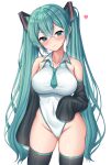  1girl absurdres bangs bare_shoulders black_legwear blue_eyes blue_hair blue_neckwear blush breasts closed_mouth collarbone contrapposto covered_navel cowboy_shot crossed_bangs detached_sleeves eyebrows_visible_through_hair hair_between_eyes hatsune_miku head_tilt heart highres kk_(aky2374) large_breasts leotard long_hair looking_at_viewer necktie simple_background smile solo standing thighhighs twintails very_long_hair vocaloid white_background white_leotard 