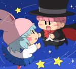  1boy 1girl back bishoujo_senshi_sailor_moon black_cape black_hat black_jacket blue_skirt blush_stickers bow bowtie cape commentary_request cosplay grey_hair hat jacket koyamaru3 looking_at_another mini_person miniboy minigirl mirumo_de_pon! murumo night night_sky nightcap open_mouth papii_(mirumo_de_pon!) pink_hat red_bow red_bowtie sailor_moon sailor_moon_(cosplay) school_uniform skirt sky smile solid_oval_eyes star_(sky) top_hat tuxedo_kamen tuxedo_kamen_(cosplay) 