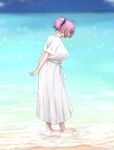  1girl alternate_costume aoba_(kancolle) arms_behind_back barefoot beach breasts day dress hair_ornament hair_scrunchie highres ikadamo kantai_collection large_breasts ocean outdoors pink_hair ponytail scrunchie short_sleeves solo standing walking water white_dress 