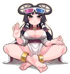  1girl 3d_glasses anklet barefoot bindi black_eyes black_hair blunt_bangs blush breasts bright_pupils cleavage commentary_request detached_sleeves eiga_daimyoujin eyewear_on_head film_reel full_body gashi-gashi hair_tubes half-closed_eyes hand_up headgear highres hime_cut indian_style jewelry large_breasts long_hair looking_at_viewer mudra original pelvic_curtain red_sash robe sash sidelocks simple_background sitting sleeveless solo vitarka_mudra white_background white_pupils white_robe wide_sleeves 