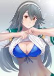  1girl bikini bikini_under_clothes black_hair blue_bikini breasts brown_eyes cleavage clothes_lift commentary_request front-tie_bikini_top front-tie_top green_sailor_collar hair_ornament hairband hairclip haruna_(kancolle) highres kantai_collection large_breasts lifted_by_self long_hair map_(blue_catty) sailor_collar sailor_shirt school_uniform serafuku shirt shirt_lift solo swimsuit upper_body white_hairband 
