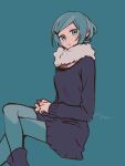  1girl blue_background blue_eyes blue_hair blush_stickers boots crossed_legs dress feet_out_of_frame frown fur_collar highres long_sleeves looking_at_viewer maco22 original pantyhose short_hair sitting sketch solo sweater sweater_dress 