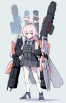  1girl ahoge arms_at_sides black_gloves blue_archive blue_background blue_eyes blue_footwear blue_necktie collared_shirt commentary_request cosplay full_armor_unicorn_gundam full_body gloves grey_skirt gundam gundam_unicorn hair_between_eyes halo heterochromia highres hoshino_(blue_archive) huge_weapon kirigakure_(iroiro_tsukauyo) kneehighs load_bearing_vest long_hair long_sleeves looking_at_viewer necktie pink_hair pink_halo plaid plaid_skirt pleated_skirt ponytail serious shield shirt shoes simple_background skirt sneakers socks solo standing sweatdrop unicorn_gundam unicorn_gundam_(cosplay) very_long_hair weapon white_shirt white_socks yellow_eyes 