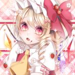  1girl ascot blonde_hair crystal_wings drill_hair fang flandre_scarlet food fruit hat hat_ribbon highres kurumi407 open_mouth red_eyes red_ribbon ribbon side_ponytail slit_pupils solo strawberry touhou upper_body yellow_ascot 