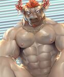  abs anthro bovid bovine facial_hair goatee gyumao hair horn jewelry male mammal muscular muscular_anthro muscular_male necklace nipples nude pecs red_hair salz_sop scar solo stubble tokyo_afterschool_summoners video_games 