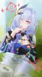  1girl absurdres akashin birthday_cake black_shrug blue_hair blunt_bangs breasts cake chromatic_aberration cleavage collarbone commentary_request cup elysia_(honkai_impact) elysia_(miss_pink_elf)_(honkai_impact) food glitch hair_intakes hair_ornament hand_on_own_chin head_tilt herrscher_of_corruption highres honkai_(series) honkai_impact_3rd large_breasts looking_at_viewer pointy_ears red_eyes sitting smile solo teacup upper_body yellow_pupils 