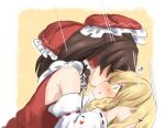  2girls blonde_hair blush bow braid brown_hair commentary_request detached_sleeves frilled_bow frilled_hair_tubes frills hair_bow hair_tubes hakurei_reimu hands_on_another&#039;s_head kirisame_marisa kiss leon0705 long_hair multiple_girls no_headwear red_bow ribbon-trimmed_sleeves ribbon_trim side_braid single_braid touhou white_bow yellow_eyes yuri 