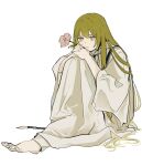  1other :/ androgynous arms_on_knees bored enkidu_(fate) fate/grand_order fate_(series) flower green_hair hair_between_eyes half-closed_eyes head_rest highres holding holding_flower jitome kingu_(fate) knee_up long_hair long_sleeves nonobe9781 purple_eyes robe simple_background sitting solo very_long_hair white_background white_robe 