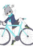 1girl animal_ear_fluff animal_ears bicycle blue_archive blue_halo blue_scarf blush blush_stickers grey_hair halo kneehighs leg_up pleated_skirt scarf shiroko_(blue_archive) shiroko_(young)_(blue_archive) shoes short_hair simple_background skirt sneakers socks solo white_background wolf_ears wolf_girl 