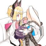  2girls animal_ear_headphones animal_ears black_thighhighs blonde_hair blue_archive blue_necktie blush bow cat_ear_headphones closed_mouth couch crying crying_with_eyes_open fake_animal_ears furrowed_brow hair_bow headphones hood hoodie long_sleeves momoi_(blue_archive) multiple_girls necktie on_couch open_mouth pink_bow pink_eyes pink_hoodie purple_eyes purple_hair shinbashi_seiji short_hair sweat sweatdrop teardrop tears thighhighs thighs white_background yuuka_(blue_archive) 