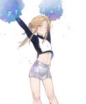  1boy androgynous bare_legs black_shirt blonde_hair blush character_request cheerleader chromatic_aberration closed_mouth doupu41 feet_out_of_frame highres holding holding_pom_poms long_hair long_sleeves male_focus midriff miniskirt multicolored_shirt navel one_eye_closed original otoko_no_ko pom_pom_(cheerleading) ponytail shiny_skirt shirt sidelocks simple_background skirt smile solo sweat white_background white_shirt white_skirt 