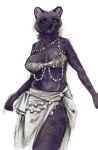  2023 anthro banoncat bra breasts clothing felid female fishnet_clothing fishnet_legwear fur hi_res jewelry legwear looking_at_viewer mammal markings necklace overbite_fang pantherine simple_background solo_in_panel split_skirt spots spotted_body spotted_fur underwear white_background 