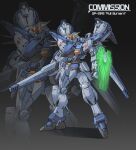  absurdres arm_shield arms_at_sides beam_rifle blue_eyes clenched_hand commentary commission energy_barrier energy_gun energy_shield english_commentary f91_gundam full_body fusion glowing glowing_eyes gradient_background gundam gundam_0083 gundam_f91 gundam_gp-01_full_vernian_zephyranthes highres jellen_squish legs_apart mecha mecha_focus mobile_suit no_humans robot science_fiction shadow standing thrusters v-fin v2_assault-buster_gundam victory_gundam weapon zoom_layer 