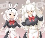  2girls ahoge alternate_costume animal_ear_fluff animal_ears apron arctic_hare_(kemono_friends) black_dress blush bow bowtie breasts brown_eyes closed_eyes commentary_request cowboy_shot dress enmaided frilled_apron frills highres japari_symbol kemono_friends kemono_friends_3 large_breasts lets0020 lion_ears lion_girl lion_tail long_hair long_sleeves looking_at_viewer maid maid_headdress medium_bangs medium_breasts medium_hair multiple_girls open_mouth rabbit_ears rabbit_girl rabbit_tail red_bow red_bowtie sidelocks smile tail teeth upper_teeth_only very_long_hair waist_apron white_apron white_hair white_lion_(kemono_friends) 