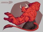  agonwolfe angry back bovid bovine cattle glowing glowing_eyes horn humanoid male mammal muscular red_body red_skin 