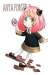  1girl anya_(spy_x_family) blush brick_floor candy character_name child dress food full_body green_eyes hairpods holding holding_candy holding_food holding_lollipop lollipop long_sleeves mary_janes medium_hair momo_usagi pantyhose pink_hair shoes smile solo spy_x_family swirl_lollipop 