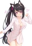  1girl :3 absurdres ahoge animal_ear_fluff animal_ears arm_at_side ass_visible_through_thighs ayabanka black_hair blush borrowed_clothes breasts cleavage closed_mouth collarbone collared_shirt commentary cowboy_shot dress_shirt hand_up heart highres hoshikawa_kaguya large_breasts lips long_hair looking_at_viewer naked_shirt oversized_clothes partially_unbuttoned red_eyes seductive_smile shirt side_ponytail simple_background sleeves_past_wrists smile solo split_mouth swept_bangs tenshi_souzou_re-boot! thigh_gap very_long_hair white_background white_shirt 