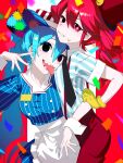  2girls @_@ absurdres apron arm_around_waist black_eyes blue_hair blue_nails breasts cleavage dress drill_hair drooling empty_eyes gloves hatsune_miku highres kasane_teto long_hair mesmerizer_(vocaloid) multiple_girls open_mouth pinstripe_dress pinstripe_hat pinstripe_pattern red_eyes red_hair red_suspenders sharp_teeth shirt smiley_hair_ornament striped_clothes striped_shirt suspenders sweatdrop symbol-shaped_pupils synthesizer_v teeth tongue tongue_out twin_drills twintails utau virgo_(artist) visor_cap vocaloid white_apron yellow_gloves 