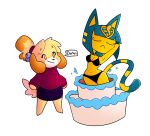  animal_crossing ankha_(animal_crossing) anthro bikini cake canid canine canis clothing dessert domestic_cat domestic_dog duo felid feline felis female food frown hands_behind_head hi_res isabelle_(animal_crossing) mammal nintendo pop_out_cake simple_background smile swimwear tyso_art white_background 