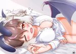  1girl animal_ears bat_ears bat_girl bat_wings breasts brown_eyes brown_hair brown_long-eared_bat_(kemono_friends) cleavage commentary_request extra_ears grey_hair highres kemono_friends kemono_friends_v_project large_breasts long_hair looking_at_viewer morning on_bed one_eye_closed piki_(zuru-pikio) shirt solo virtual_youtuber white_shirt wings 